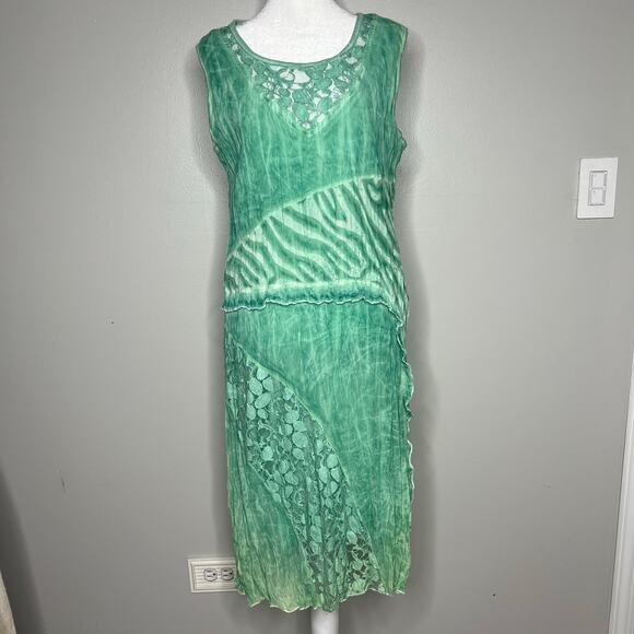 Women's Textured Fairy Grunge Sea Foam Green Dress Lace Inset Sz L Boho Hippie - Picture 1 of 15